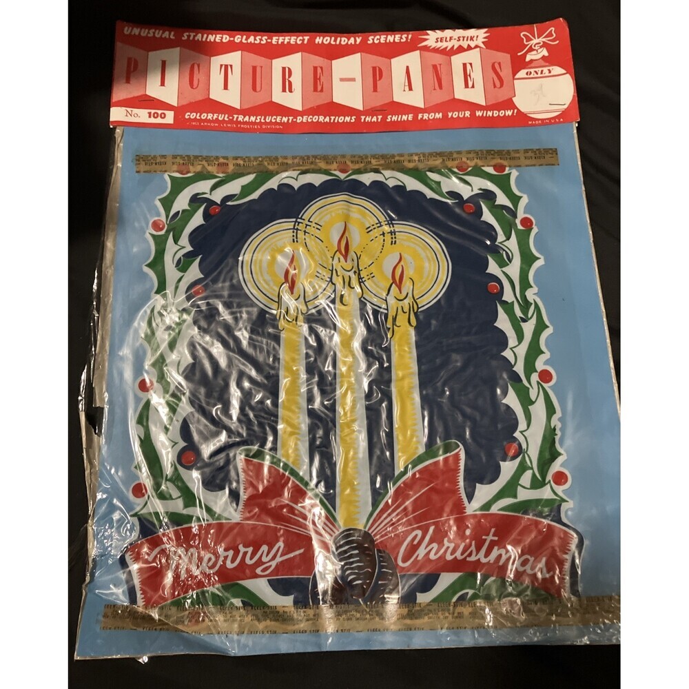 Arkow Lewis 1953 Picture-Panes Stained Glass Effect Christmas Candles Peace VNTG